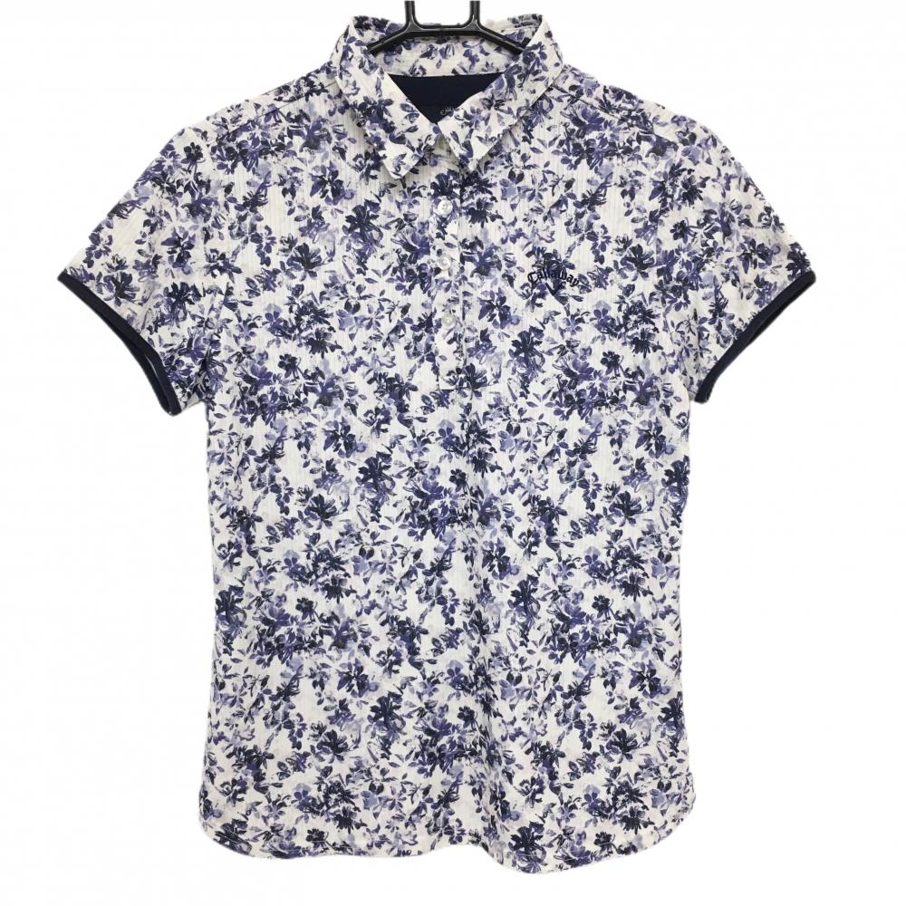 キャロウェイ 半袖ポロシャツ 白×パープル 花柄 ストライプ織生地 レディース L ゴルフウェア Callaway