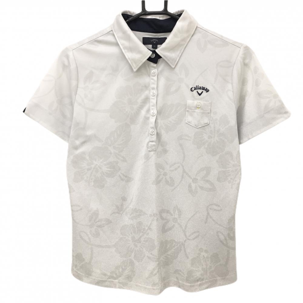 【超美品】キャロウェイ 半袖ポロシャツ オフホワイト ハイビスカス柄  レディース L ゴルフウェア Callaway