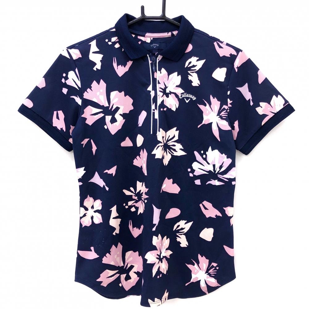 キャロウェイ 半袖ポロシャツ ダークネイビー×ピンク 花柄 ハーフジップ 襟一部透かし編み レディース L ゴルフウェア Callaway