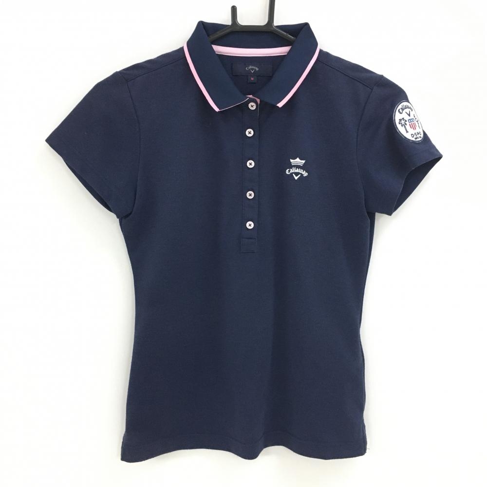 キャロウェイ 半袖ポロシャツ ネイビー×ピンク 袖ワッペン  レディース M ゴルフウェア Callaway