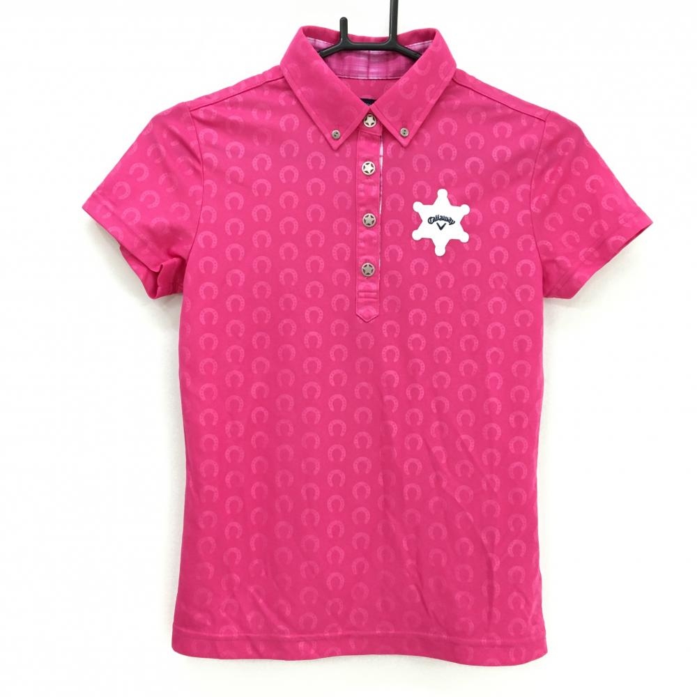【超美品】キャロウェイ 半袖ポロシャツ ピンク 総柄地模様 ボタンダウン 星型ボタン レディース S ゴルフウェア Callaway