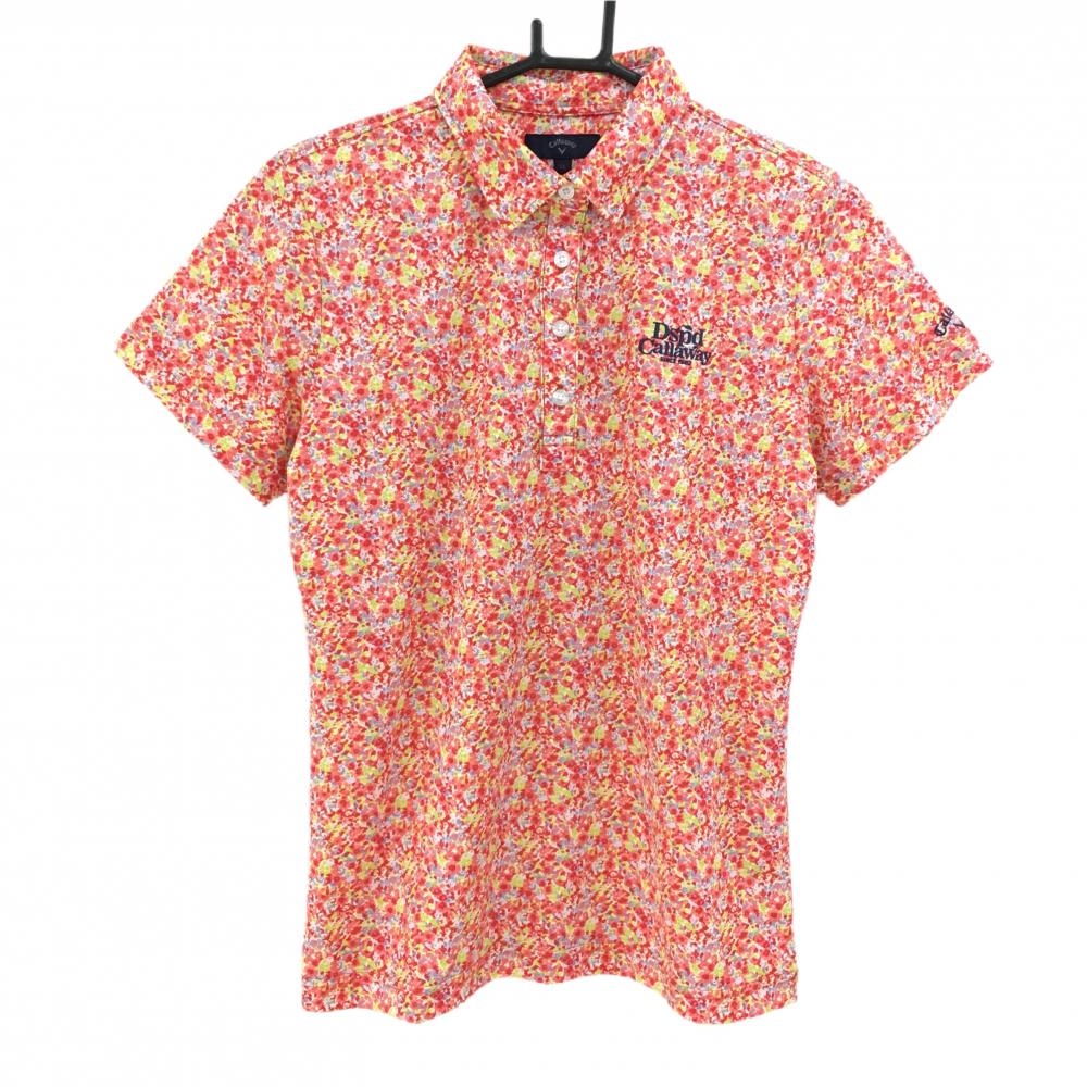 【超美品】キャロウェイ 半袖ポロシャツ レッド×ライトグリーン 小花柄 胸元刺しゅう レディース LL ゴルフウェア Callaway