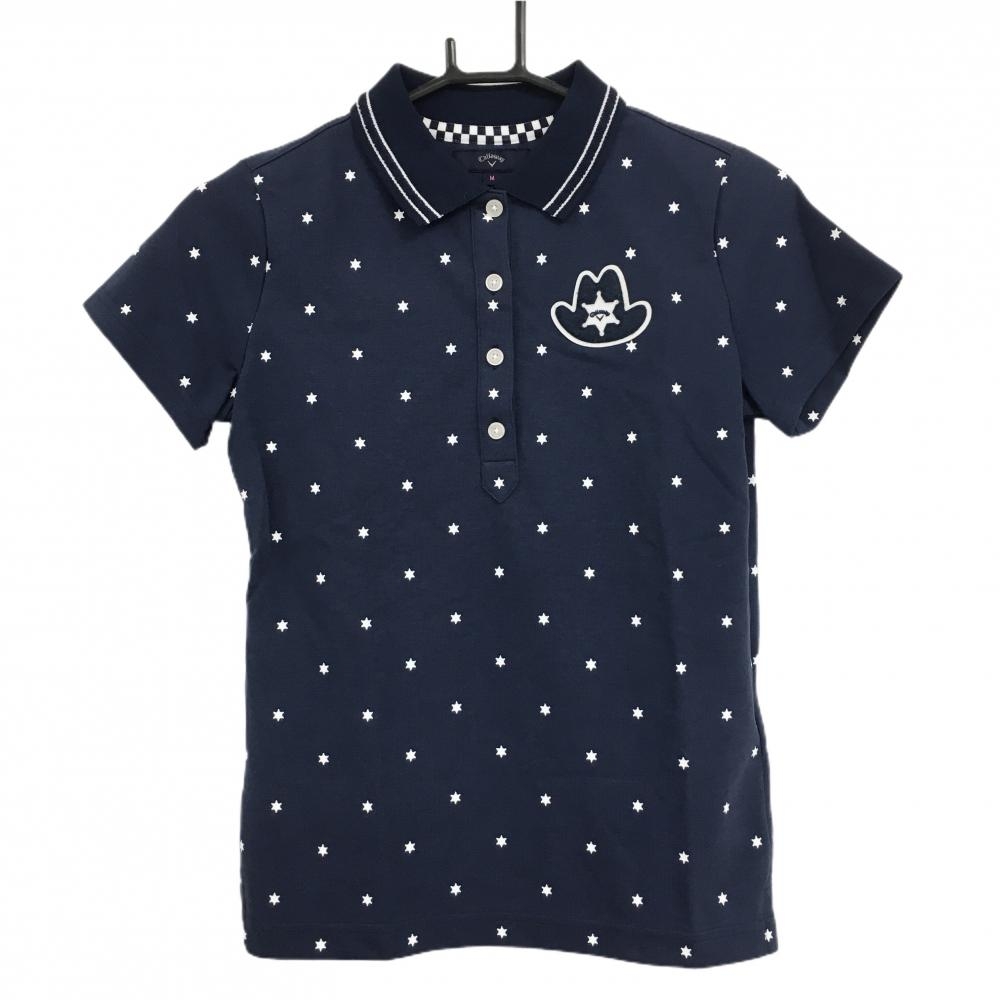 【美品】キャロウェイ 半袖ポロシャツ ネイビー×白 総柄 胸元ワッペン 襟ライン レディース M ゴルフウェア Callaway