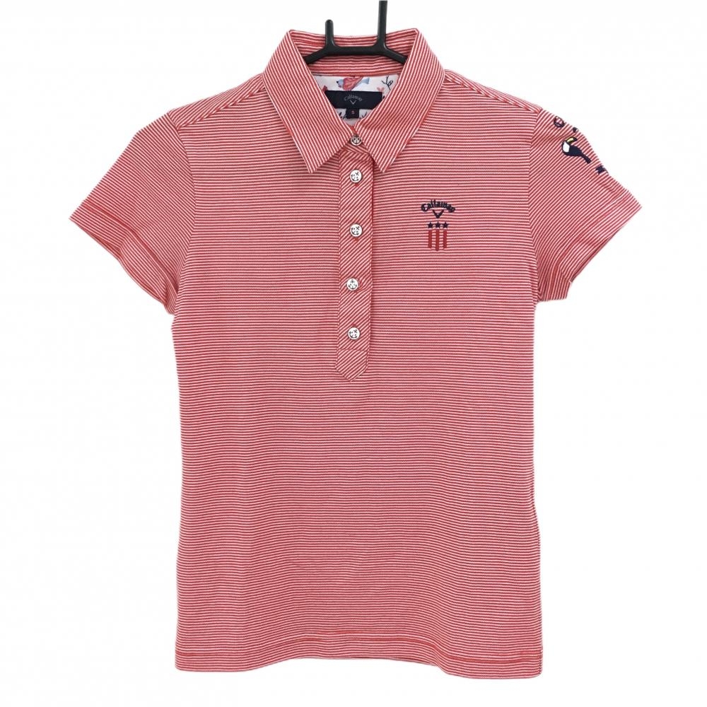 【超美品】キャロウェイ 半袖ポロシャツ レッド×白 ボーダー ロゴ刺しゅう イカリボタン レディース S ゴルフウェア Callaway