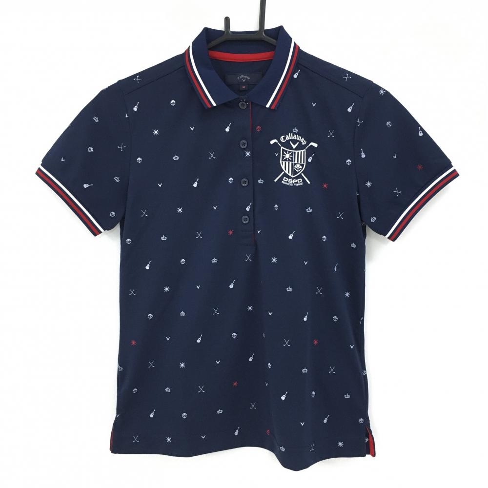 【美品】キャロウェイ 半袖ポロシャツ ネイビー×白 総柄 胸元刺しゅう 襟・袖口ライン  レディース M ゴルフウェア Callaway