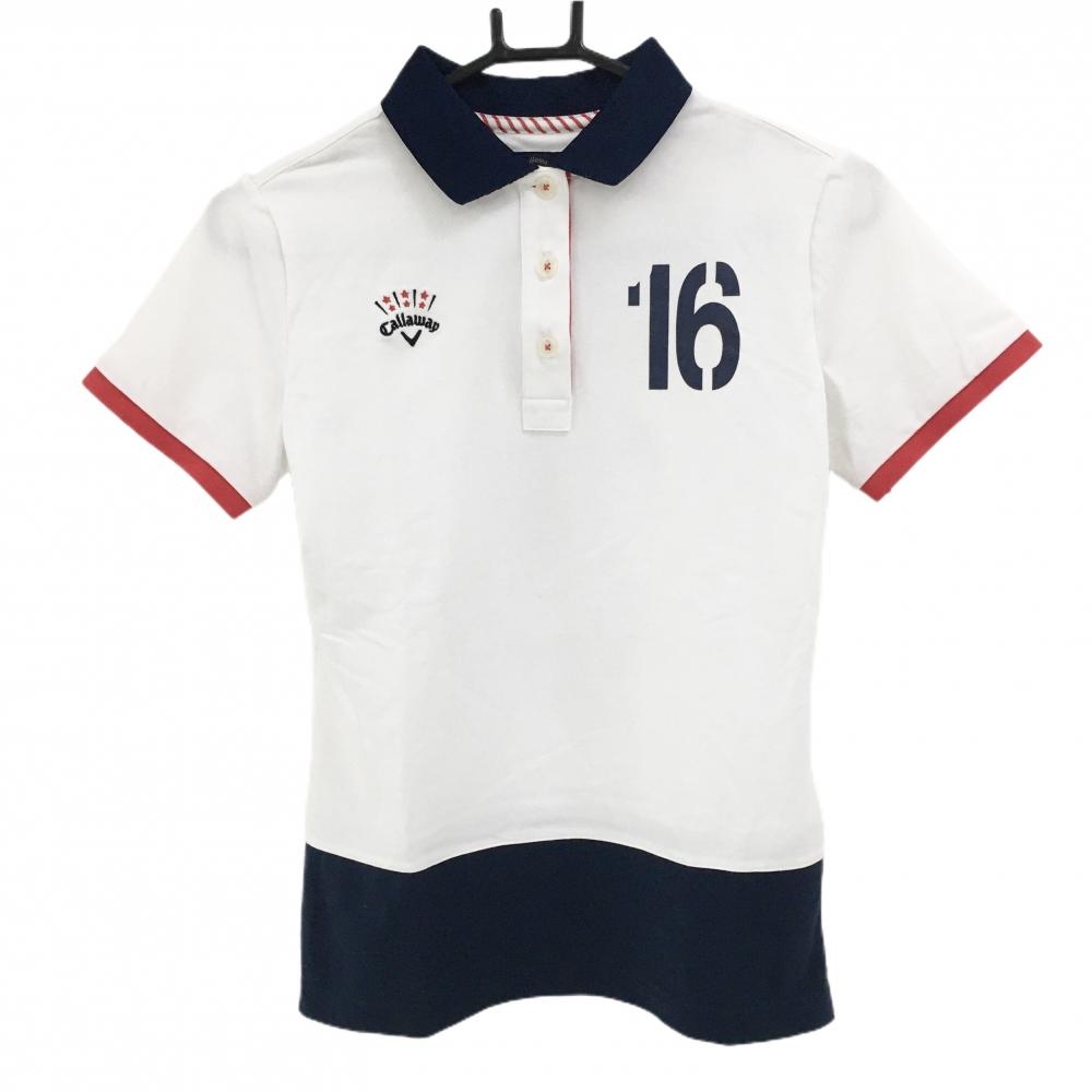 【美品】キャロウェイ 半袖ポロシャツ 白×ネイビー ロゴ刺しゅう 襟裏ドット レディース M ゴルフウェア Callaway