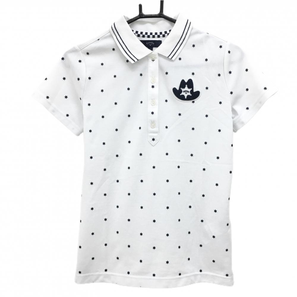 キャロウェイ 半袖ポロシャツ 白×ネイビー 総柄 星 ハットワッペン レディース L ゴルフウェア Callaway