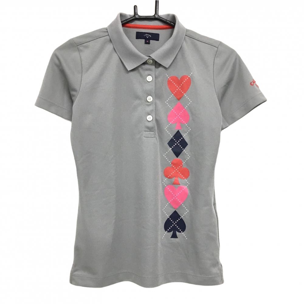 キャロウェイ 半袖ポロシャツ グレー×レッド トランプマーク柄 レディース M ゴルフウェア Callaway