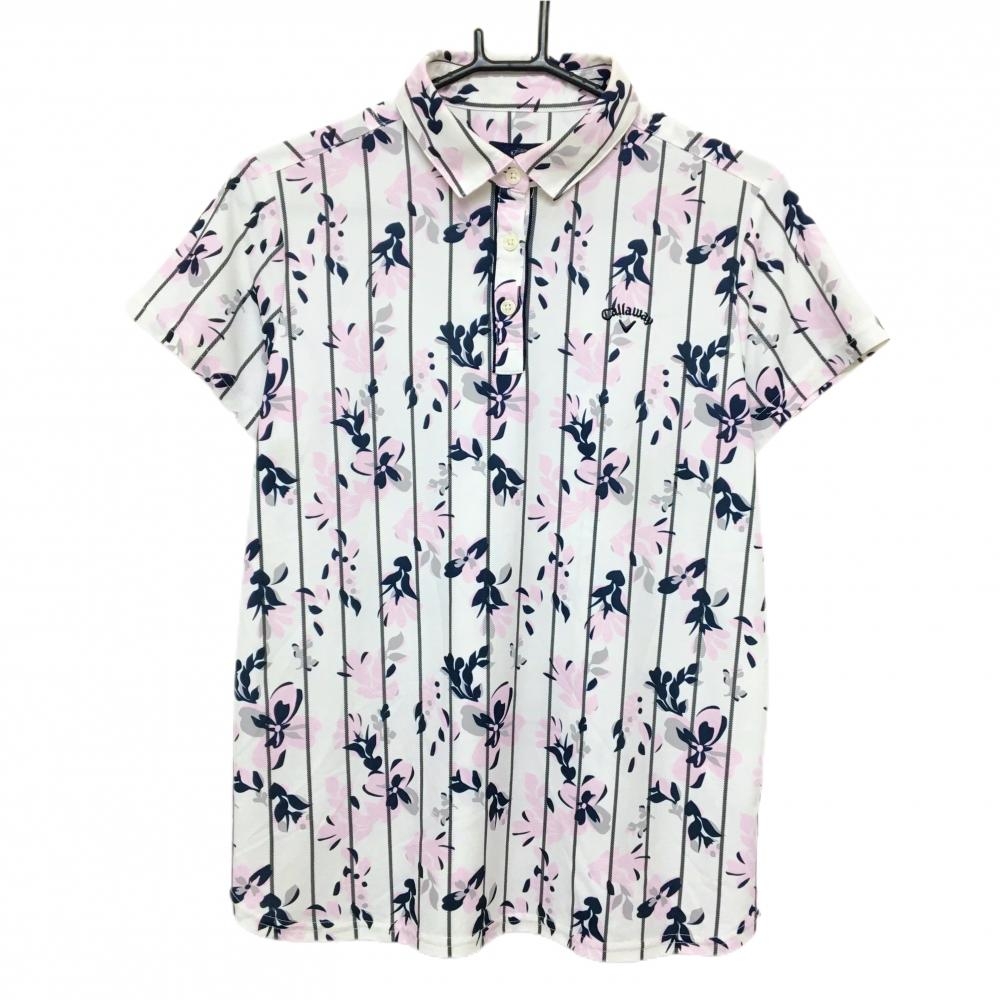 キャロウェイ 半袖ポロシャツ 白×ライトピンク×ネイビー 花柄 ストライプ  レディース LL ゴルフウェア Callaway