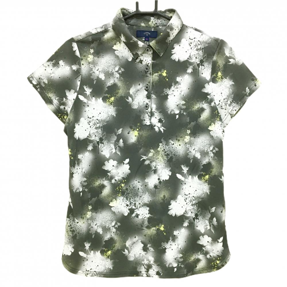 【超美品】キャロウェイ 半袖ポロシャツ グレー×白 花柄 スプレーアート調 接触冷感 レディース LL ゴルフウェア 2024年モデル Callaway