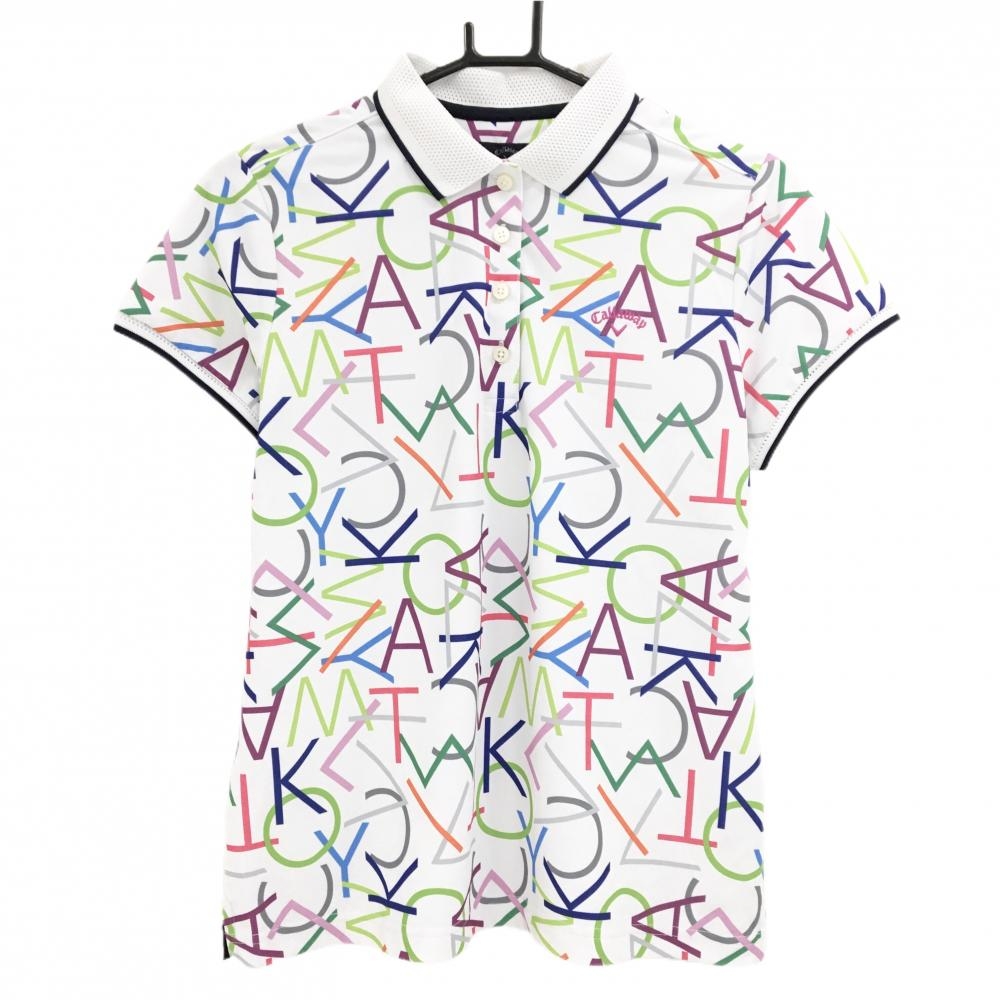 【美品】キャロウェイ 半袖ポロシャツ 白×マルチカラー 英字総柄 ロゴ刺しゅう レディース LL ゴルフウェア Callaway