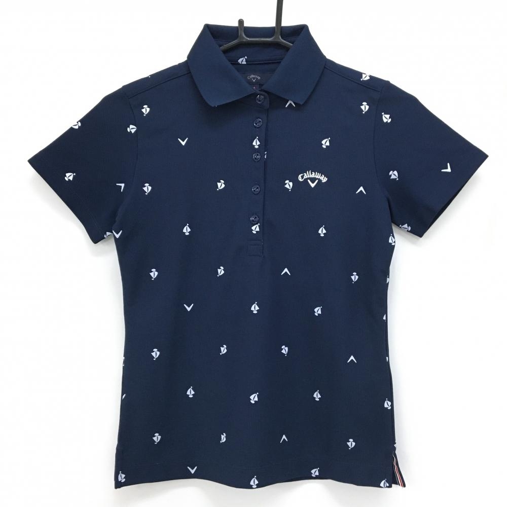 【超美品】キャロウェイ 半袖ポロシャツ ネイビー×白 ヨット総柄 ロゴ  レディース S ゴルフウェア Callaway