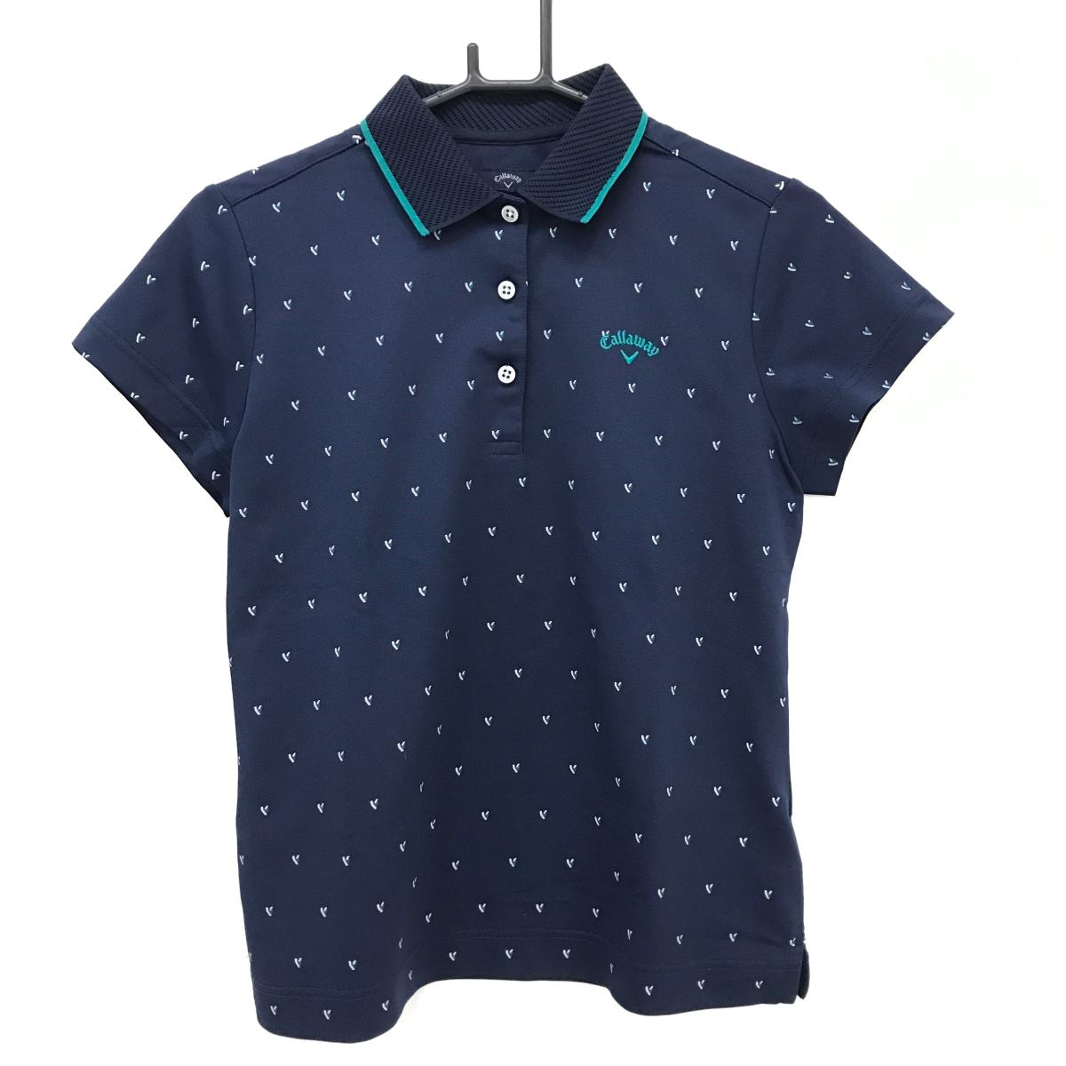 【美品】キャロウェイ 半袖ポロシャツ ネイビー×グリーン ロゴ総柄 襟ニット レディース L ゴルフウェア Callaway