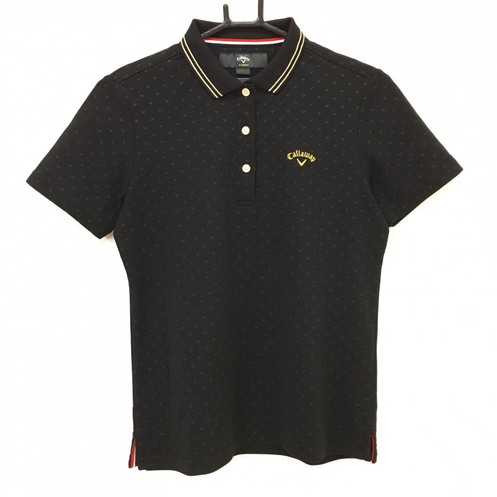 キャロウェイ 半袖ポロシャツ 黒×ゴールド DRYSPORT ロゴ総柄 レディース L ゴルフウェア Callaway