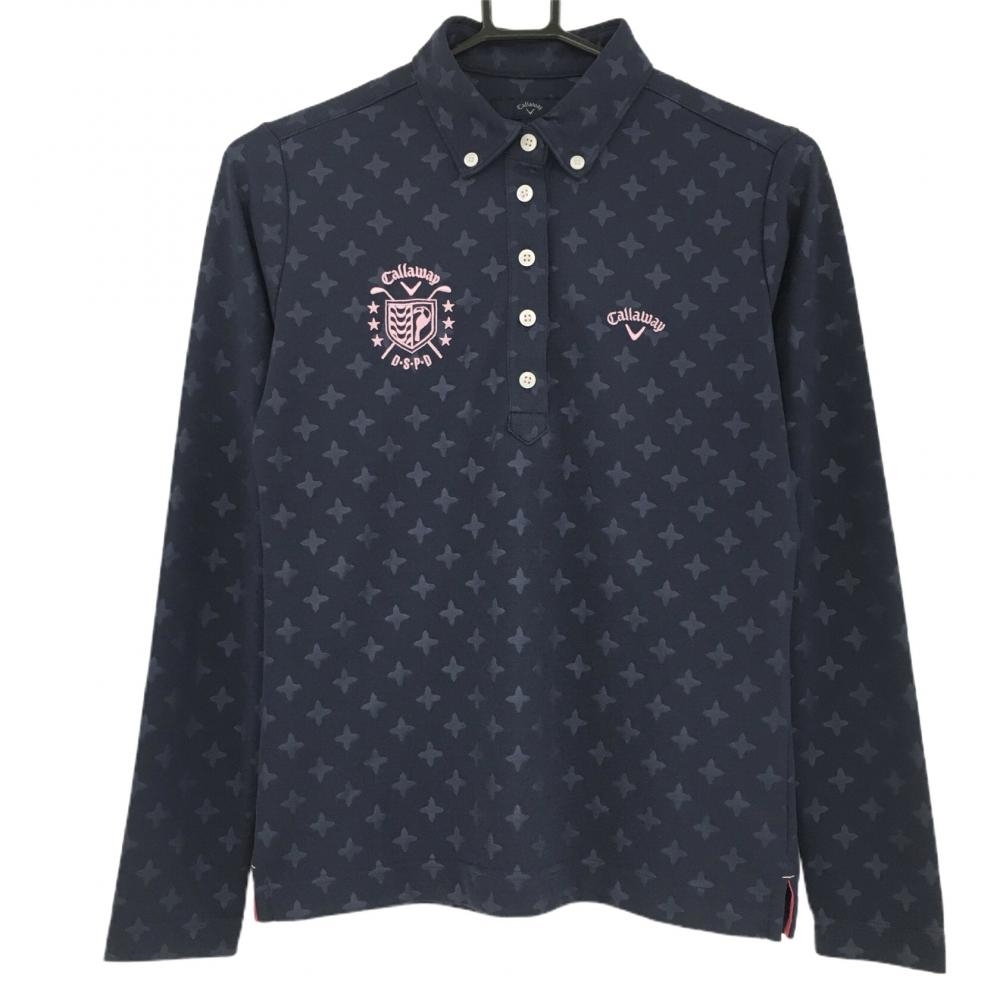 キャロウェイ 長袖ポロシャツ ネイビー 星織生地 ロゴピンク レディース M ゴルフウェア Callaway