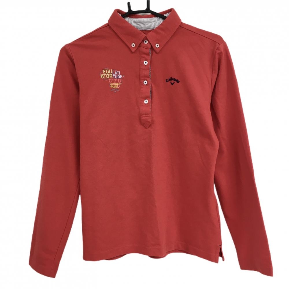 キャロウェイ 長袖ポロシャツ レッド ロゴネイビー 襟内側ボーダー レディース LL ゴルフウェア Callaway
