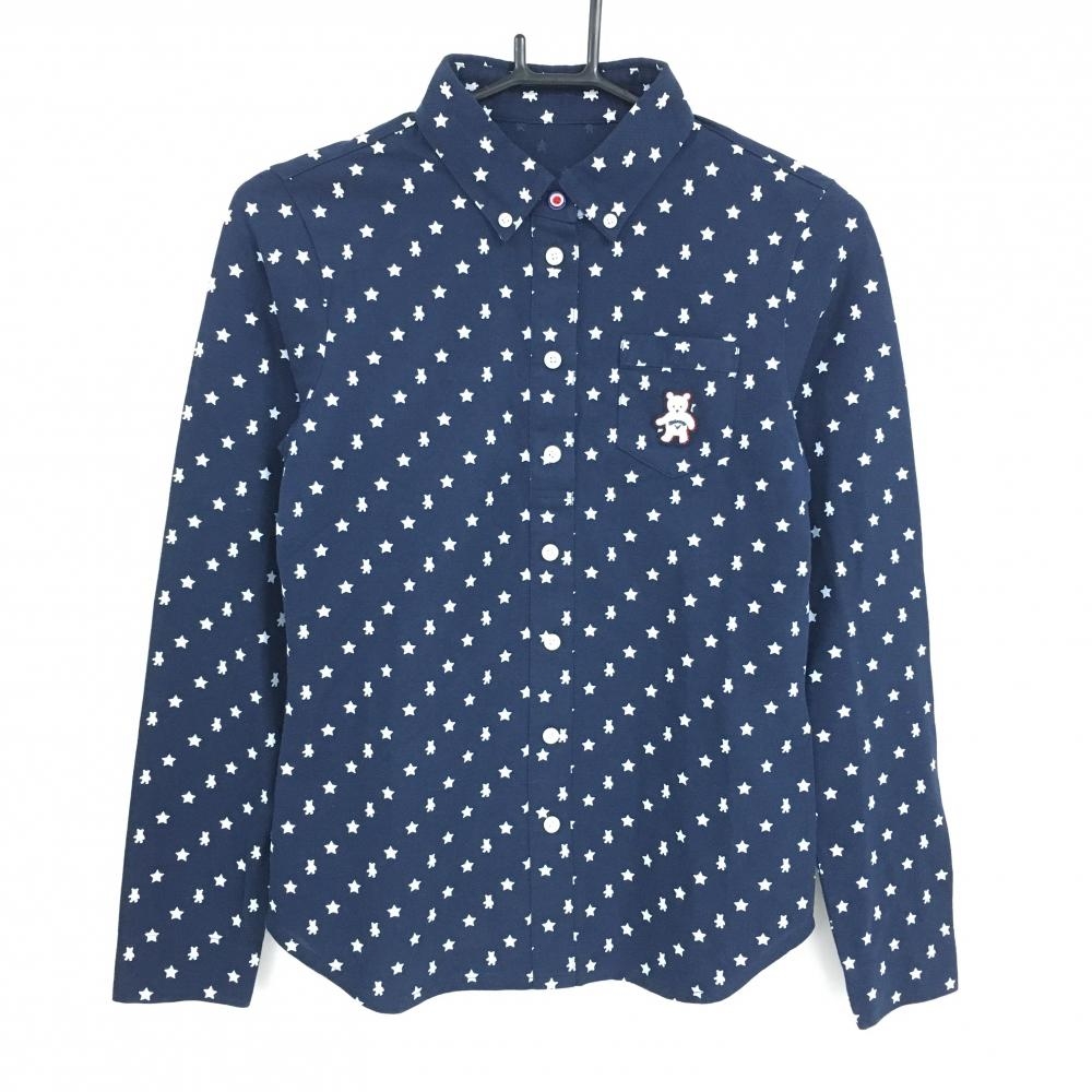 【美品】キャロウェイ 長袖ポロシャツ ネイビー×白 星・ベア総柄 ボタンダウン レディース M ゴルフウェア Callaway