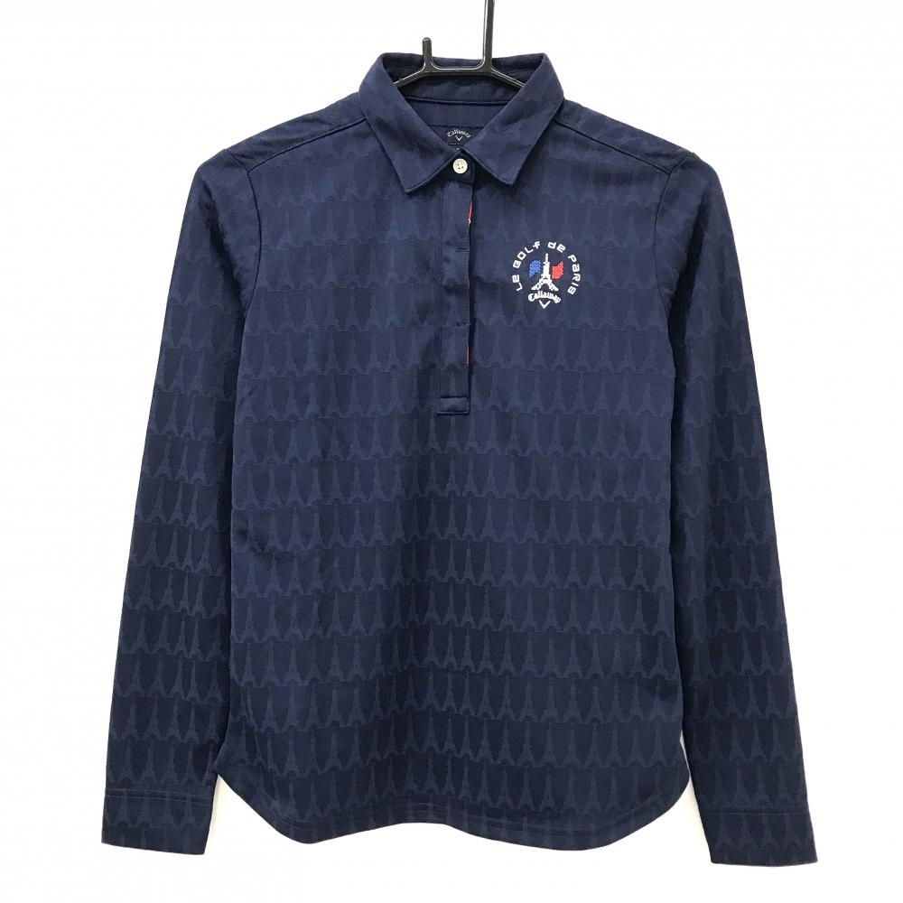 【新品】キャロウェイ 長袖ポロシャツ ネイビー 地模様 ロゴ刺しゅう  レディース S ゴルフウェア Callaway