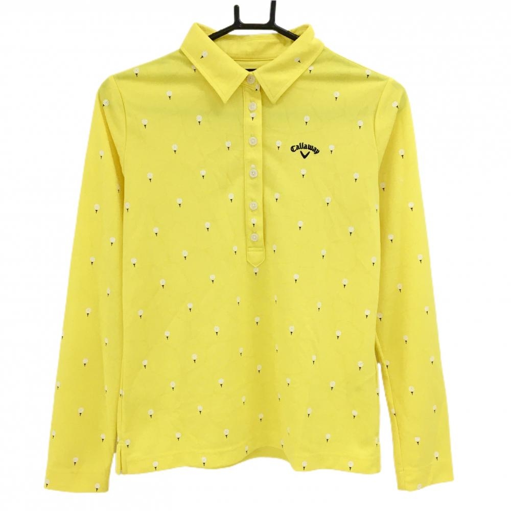 【超美品】キャロウェイ 長袖ポロシャツ イエロー×白 地模様 ボール柄  レディース L ゴルフウェア Callaway