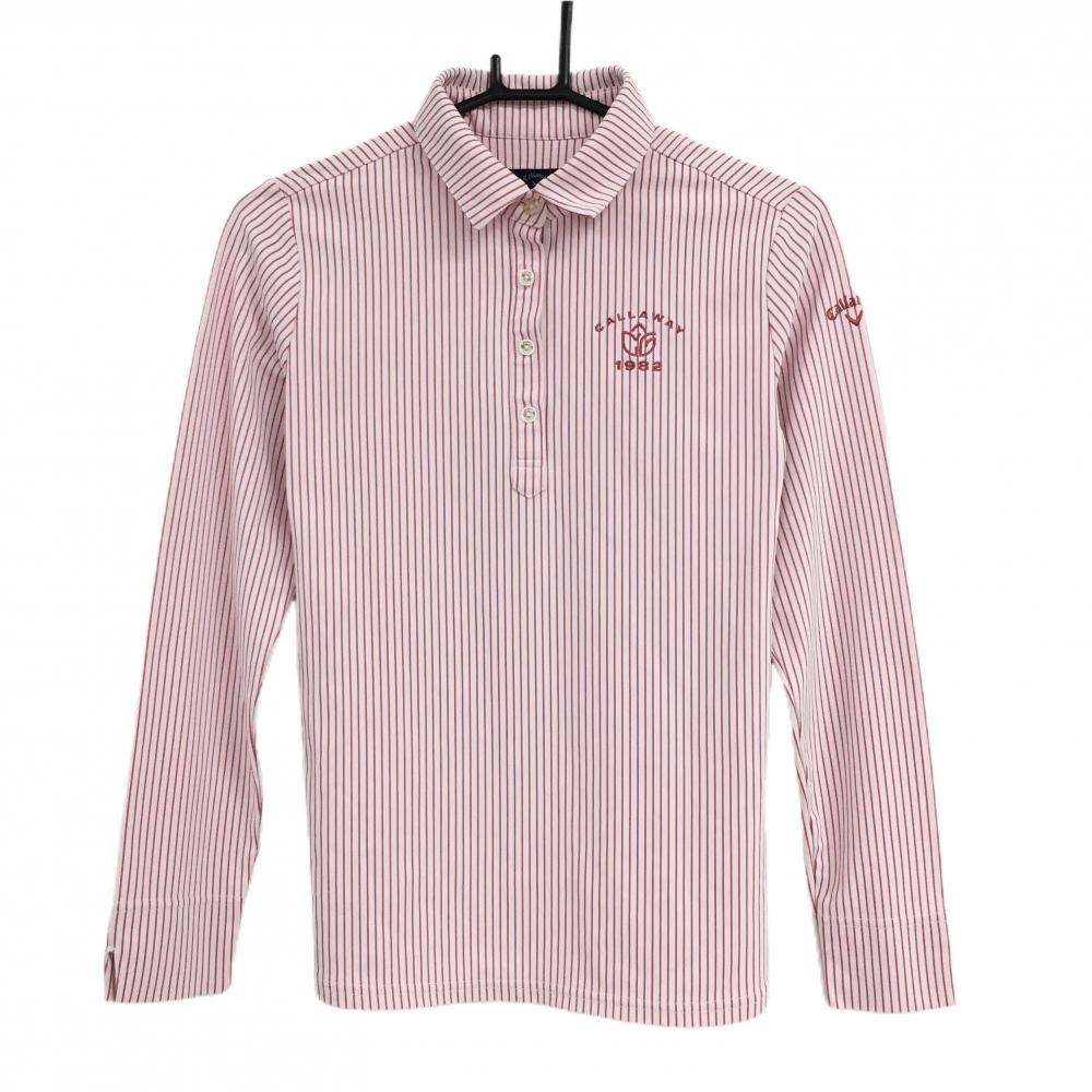 【超美品】キャロウェイ 長袖ポロシャツ 白×ピンク ストライプ ロゴ刺しゅう  レディース M ゴルフウェア Callaway