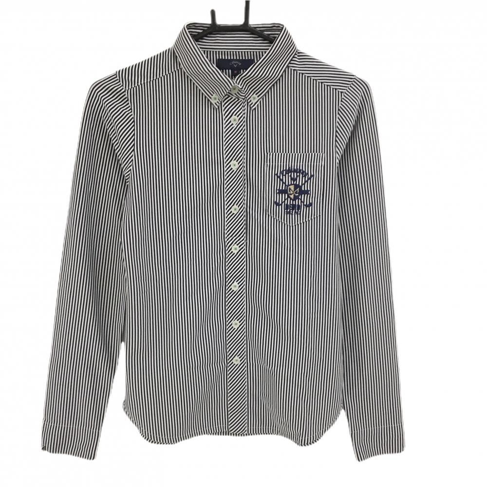 【超美品】キャロウェイ 長袖ポロシャツ 白×黒 ストレッチ ボタンダウン  レディース M ゴルフウェア Callaway