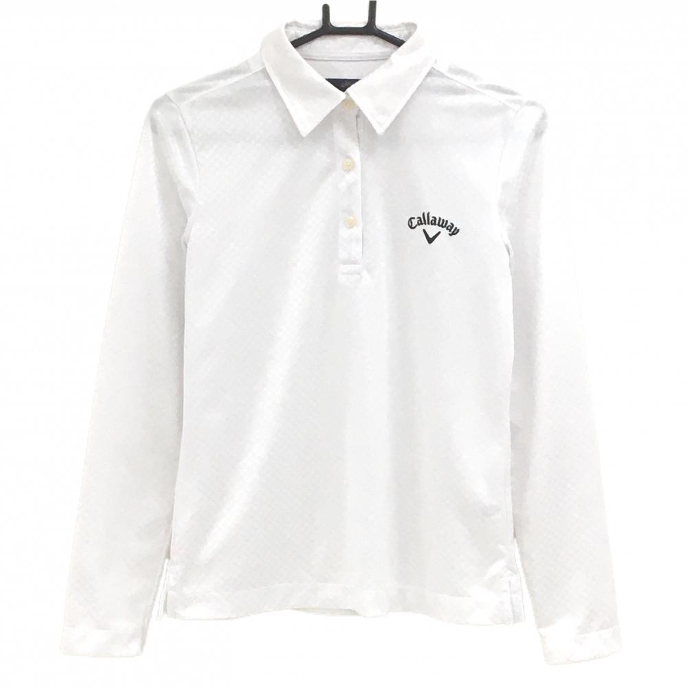 【美品】キャロウェイ 長袖ポロシャツ 白 ブロックチェック地模様 ロゴ刺しゅう レディース L ゴルフウェア Callaway