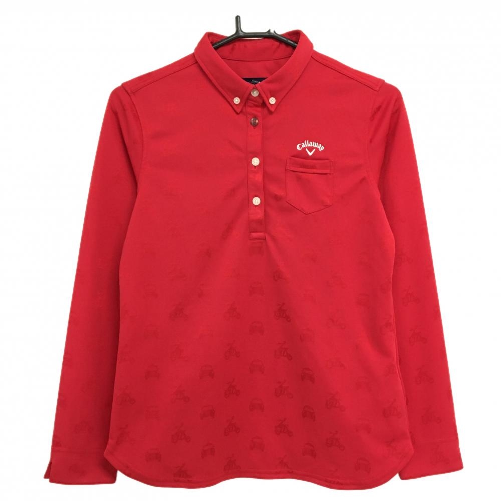 【超美品】キャロウェイ 長袖ポロシャツ レッド 乗り物総柄 車 バイク ボタンダウン レディース L ゴルフウェア Callaway