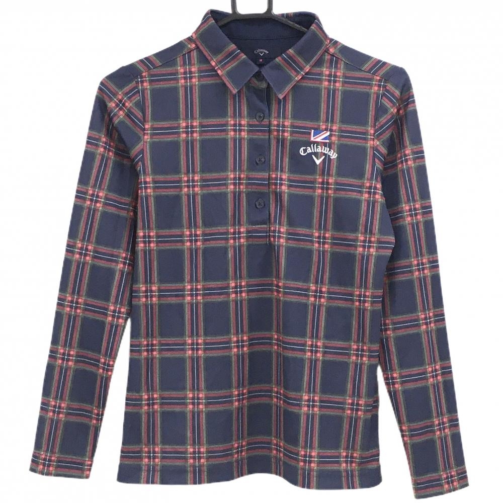 【超美品】キャロウェイ 長袖ポロシャツ ネイビー×レッド チェック ロゴ刺しゅう レディース M ゴルフウェア Callaway
