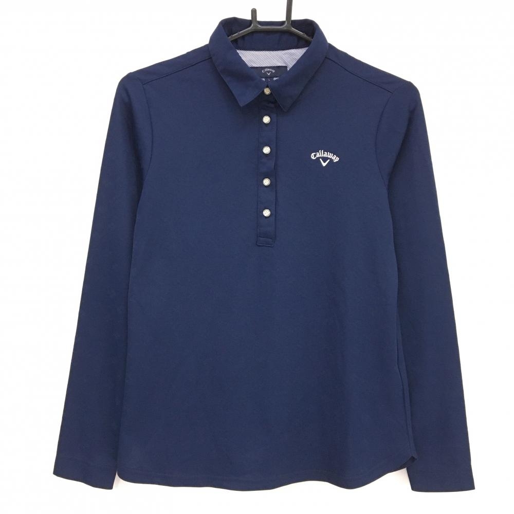 【超美品】キャロウェイ 長袖ポロシャツ ネイビー 花柄地模様 ロゴ白  レディース L ゴルフウェア Callaway