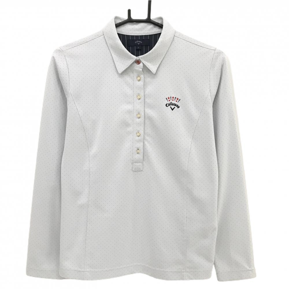 【超美品】キャロウェイ 長袖ポロシャツ ライトグレー×ネイビー ドット柄 ロゴ刺しゅう レディース L ゴルフウェア Callaway