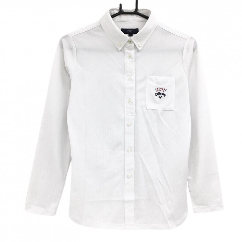 キャロウェイ 長袖ポロシャツ 白 ストライプ地模様 胸ポケット ボタンダウン  レディース L ゴルフウェア Callaway