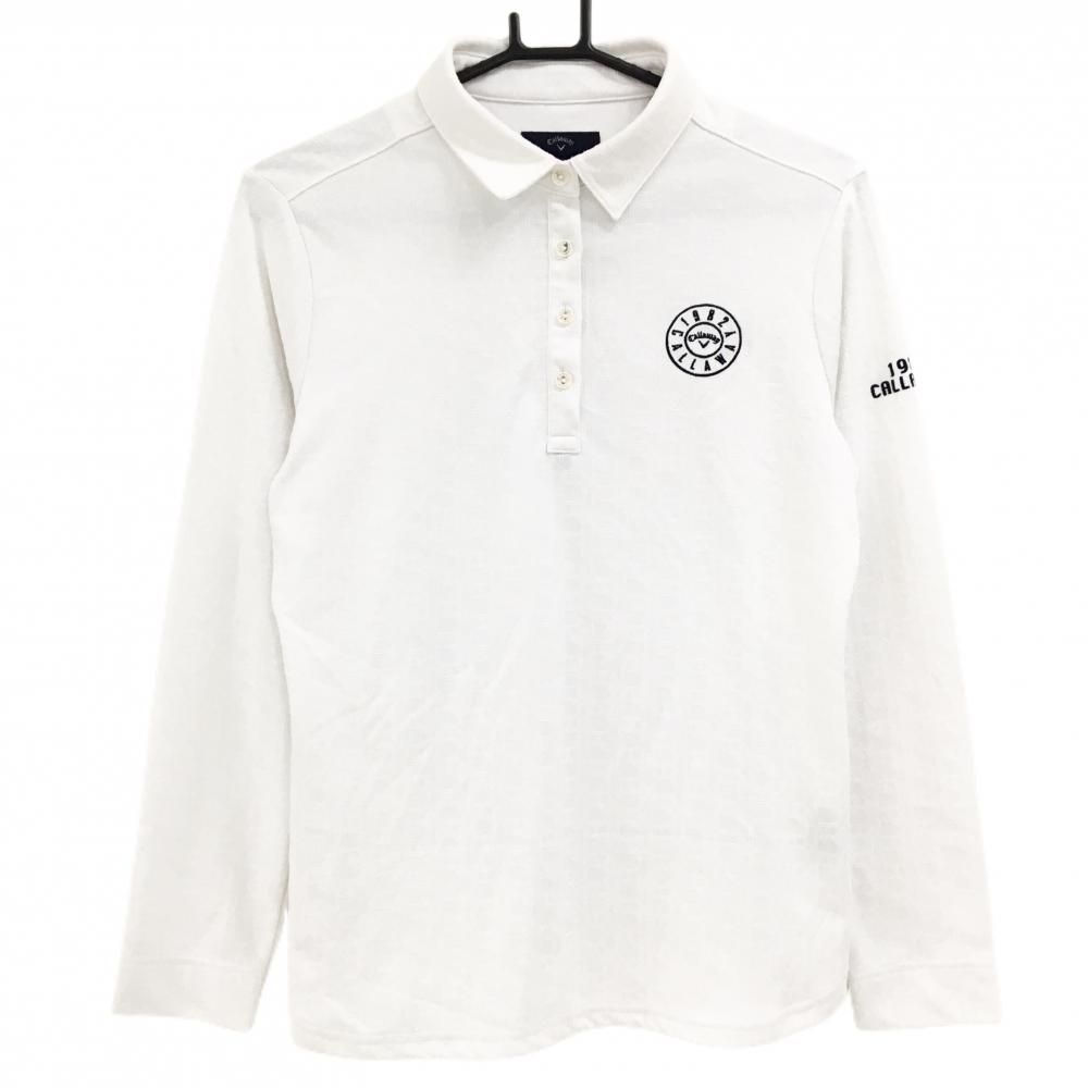 【美品】キャロウェイ 長袖ポロシャツ 白 総柄地模様 ロゴ刺しゅう レディース LL ゴルフウェア Callaway