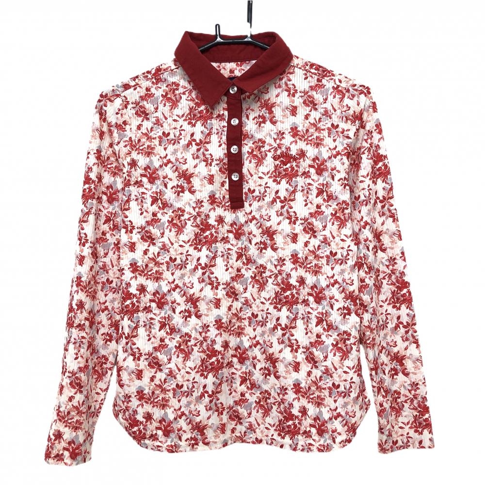 キャロウェイ 長袖ポロシャツ 白×レッド 花柄 ストライプ織生地 ロゴ刺しゅう レディース M ゴルフウェア Callaway