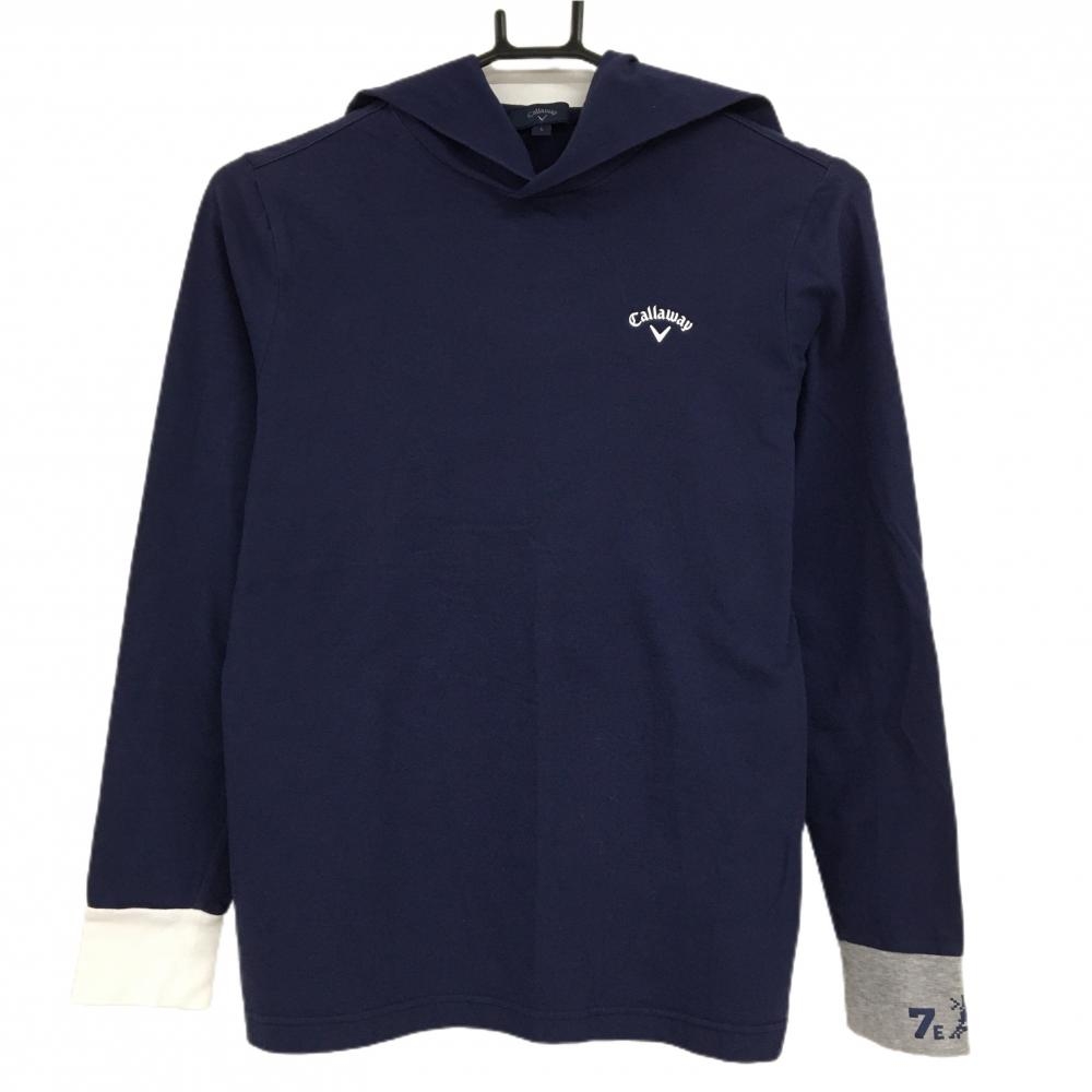 【超美品】キャロウェイ フード付長袖Ｔシャツ ネイビー ロゴ白 パーカー  レディース L ゴルフウェア Callaway