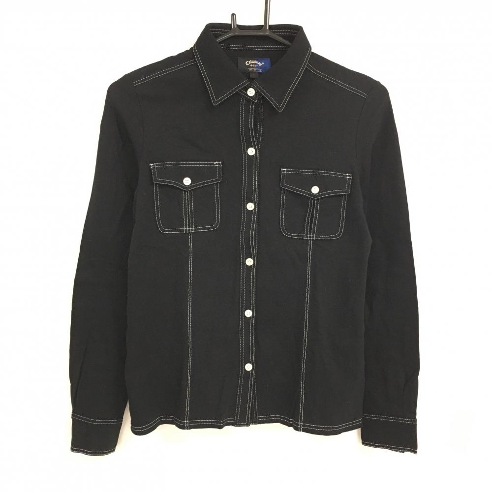 【美品】キャロウェイ 長袖シャツ 黒×白 ステッチ 胸ポケット ストレッチ レディース L ゴルフウェア Callaway
