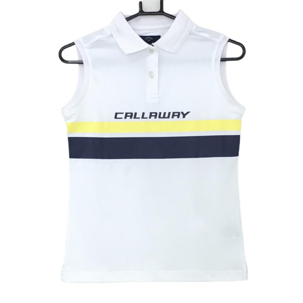 キャロウェイ ノースリーブポロシャツ 白×ネイビー 胸元ライン ロゴプリント  レディース M ゴルフウェア Callaway