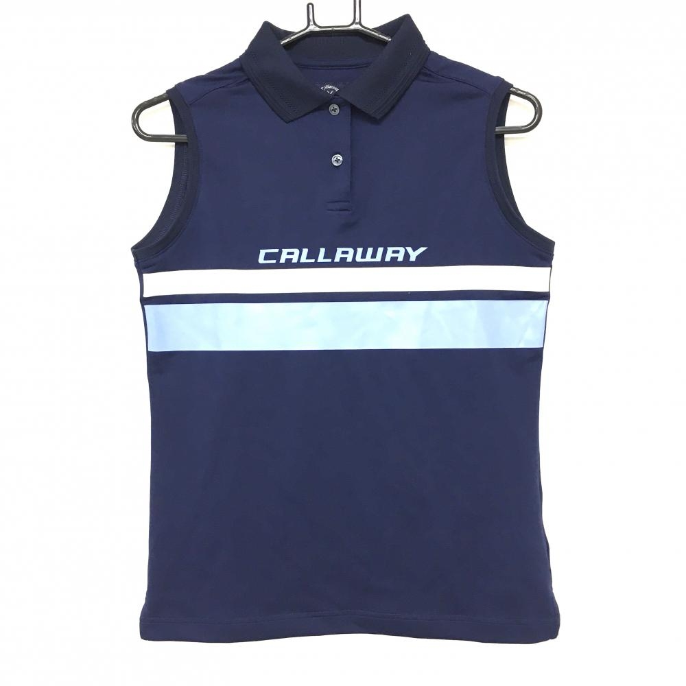 【美品】キャロウェイ ノースリーブポロシャツ ネイビー×ライトブルー ロゴプリント レディース M ゴルフウェア Callaway