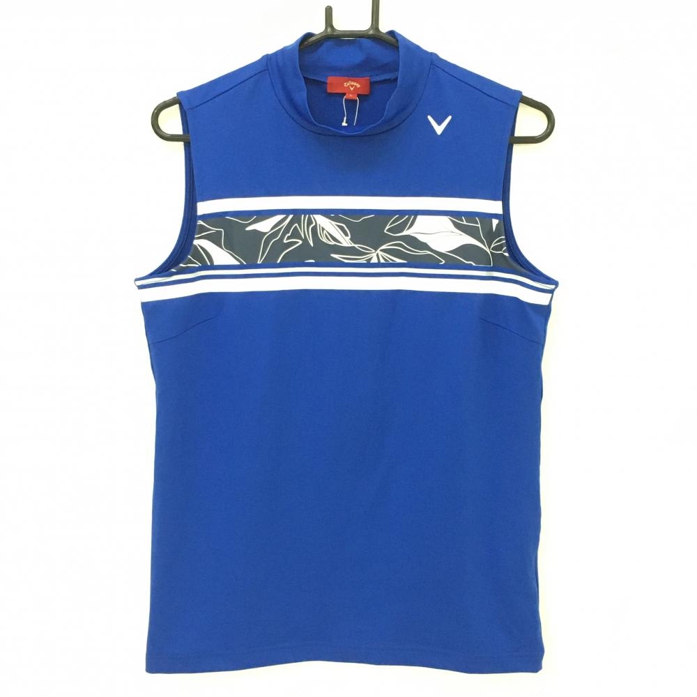 【新品】キャロウェイ レッドレーベル ノースリーブハイネックシャツ ブルー×白 胸元リーフ柄 レディース L ゴルフウェア Callaway