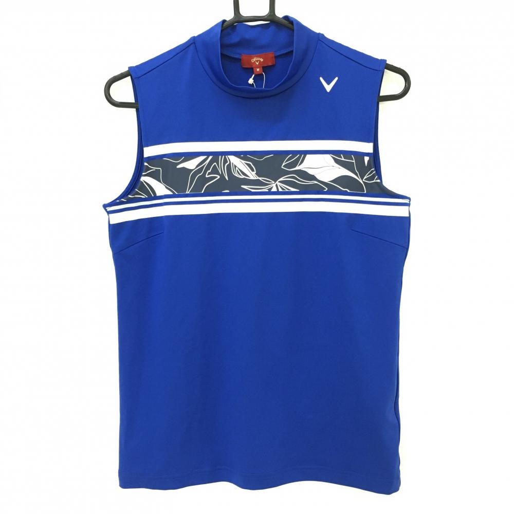 【新品】キャロウェイ レッドレーベル ノースリーブハイネックシャツ ブルー×白 胸元リーフ柄 レディース M ゴルフウェア Callaway