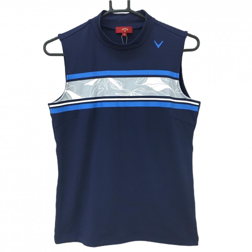 【新品】キャロウェイ レッドレーベル ノースリーブハイネックシャツ ネイビー×グレー 胸元リーフ柄 レディース S ゴルフウェア Callaway