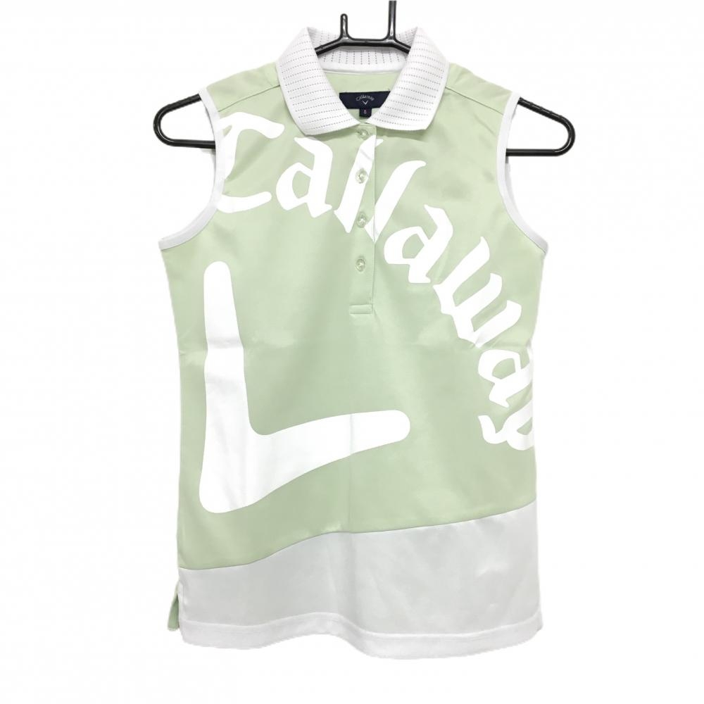 【超美品】キャロウェイ ノースリーブポロシャツ ライトグリーン×白 ロゴプリント 襟透かし編み レディース S ゴルフウェア Callaway