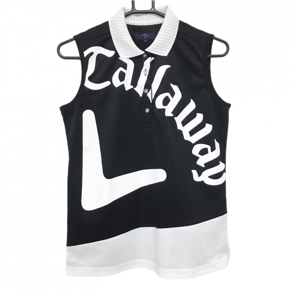 【超美品】キャロウェイ ノースリーブポロシャツ 黒×白 ビッグロゴプリント レディース L ゴルフウェア Callaway