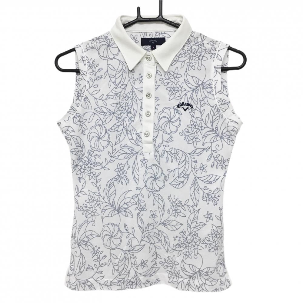  キャロウェイ ノースリーブポロシャツ 白×ネイビー 花柄  レディース M ゴルフウェア Callaway