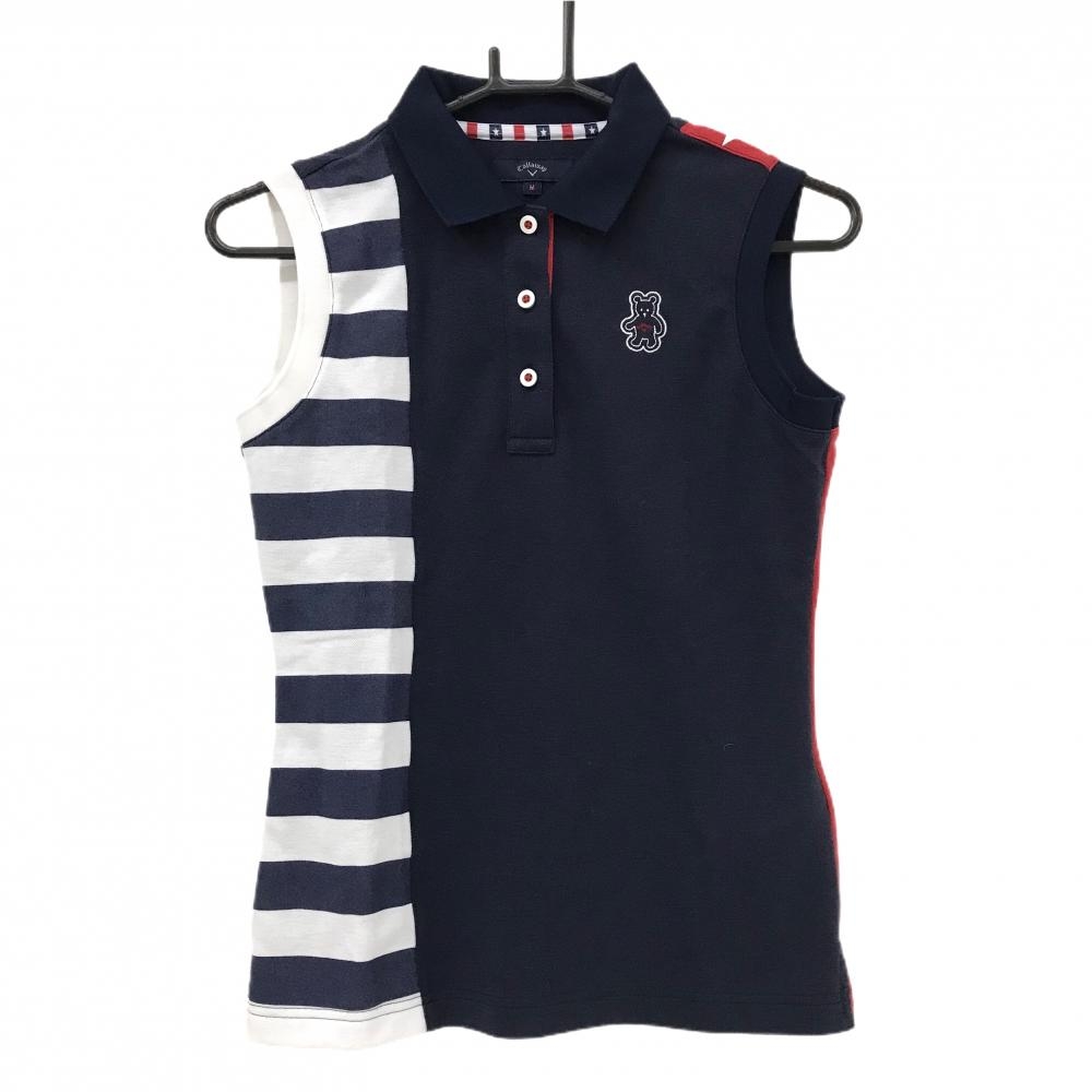 【超美品】キャロウェイ ノースリーブポロシャツ ネイビー×白 一部ボーダー 背面星 べア刺しゅう レディース M ゴルフウェア Callaway