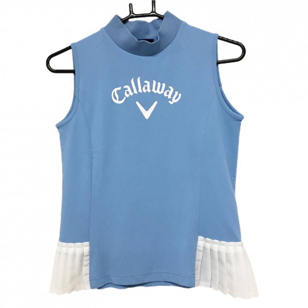 キャロウェイ ノースリーブポロシャツ ライトブルー×白 サイド裾プリーツ フロントロゴ レディース S ゴルフウェア 2024年モデル Callaway