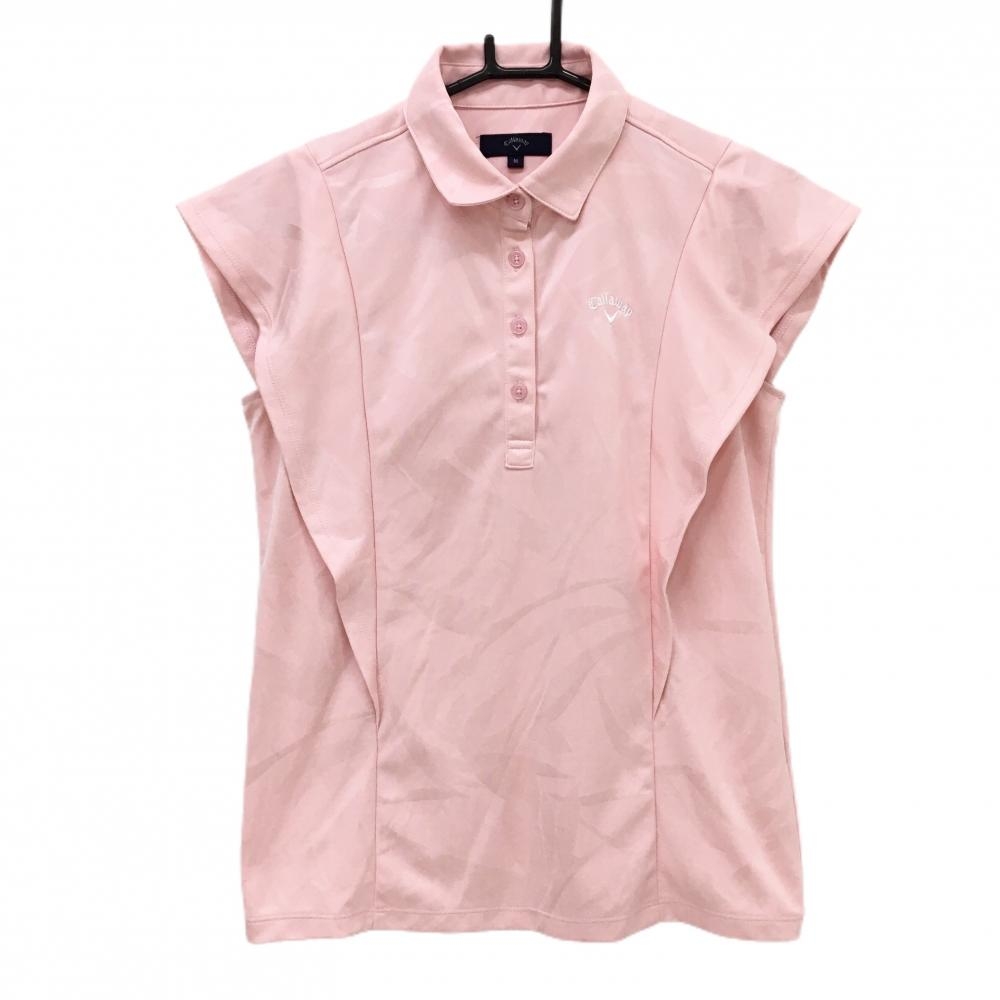 【超美品】キャロウェイ ノースリーブポロシャツ ライトピンク リーフ地模様 ロゴ白 袖フリル レディース M ゴルフウェア Callaway