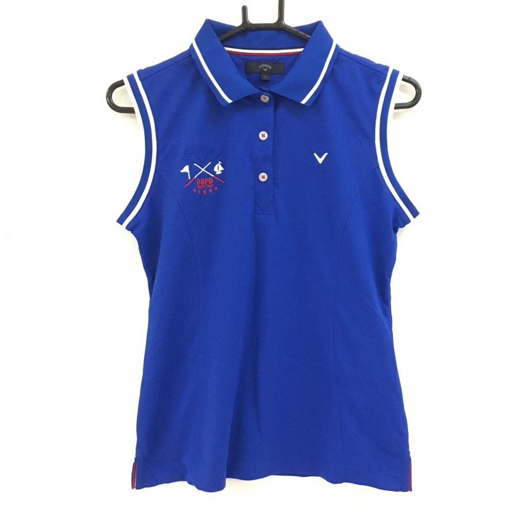【超美品】キャロウェイ ノースリーブポロシャツ ブルー×白 ロゴ刺しゅう レディース L ゴルフウェア Callaway
