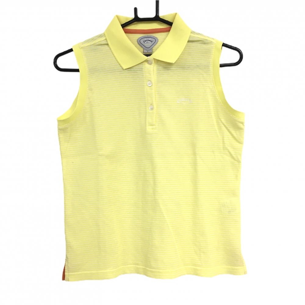 【美品】キャロウェイ ノースリーブポロシャツ イエロー×白 ボーダー ロゴ刺しゅう レディース L ゴルフウェア Callaway