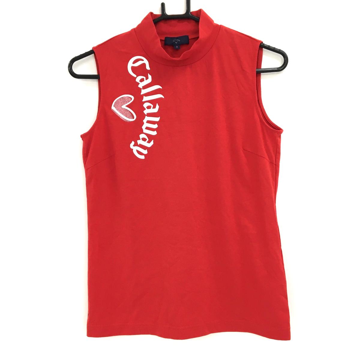 【超美品】キャロウェイ ノースリーブハイネックシャツ レッド×白 ビッグロゴ ラメハート レディース S ゴルフウェア Callaway