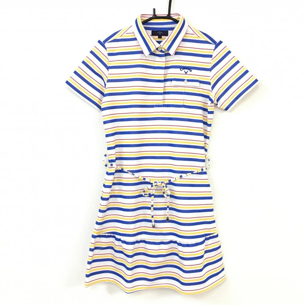 超美品 Callaway キャロウェイ 半袖ワンピース 白 ブルー イエロー ボーダー ハーフジップ 胸ポケット レディース L ゴルフウェア 中古ゴルフウェア通販サイトreonard レオナード